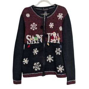 All Points Embroidered Santa Cardigan Womens Size Small Black Winter Full Zip